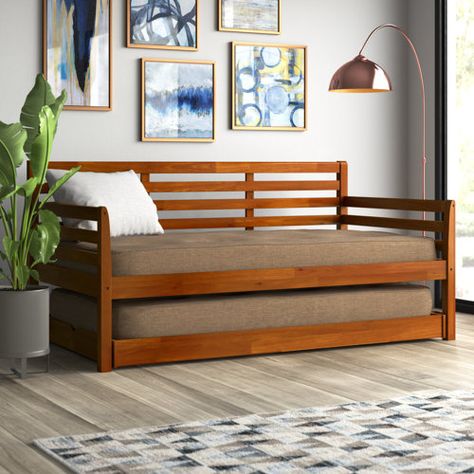 AllModern Grady Twin Solid Wood Daybed with Trundle | Wayfair Boho Daybed, Daybed With Pop Up Trundle, Pop Up Trundle Bed, Pop Up Trundle, Two Twin Beds, Wood Daybed, Mattress Storage, Mattresses Reviews, Daybed With Trundle