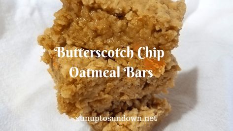 Butterscotch Chip Oatmeal Bars - Sunup to Sundown Oatmeal Cookie Bars Recipes, Butterscotch Chip, Butterscotch Chip Cookies, Butterscotch Recipes, Oatmeal Butterscotch Cookies, Butterscotch Bars, Oatmeal Bars Recipes, Oatmeal Cookie Bars, Oatmeal Breakfast Bars