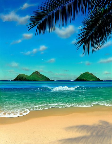 Beautiful Beach Paintings, Hawaii Beach Painting, Hawaii Painting Ideas, Beach Scenes Photography, Painting Beach Scenes, Sea Beach Painting, Tropical Beach Painting, Hawaii Art Print, Hawaii Painting