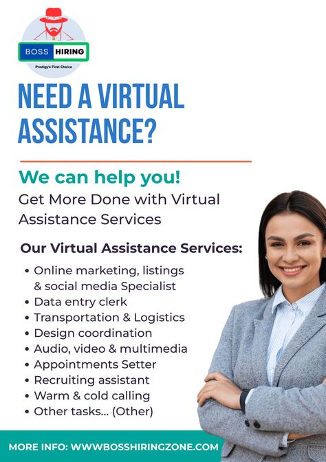 Illustration of BOSS-HIRING Virtual Assistance Support Logistics Design, Data Entry Clerk, Repurposing Content, Cold Calling, Executive Assistant, Media Specialist, Personal Assistant, Business Requirements, Paid Advertising