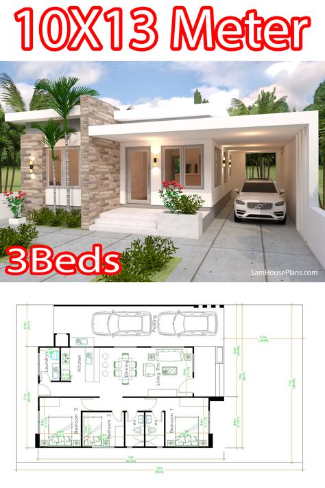 3 Bed Rooms House Plans Modern, House Layout Design, Modern Bungalow House Design, Small Modern House Plans, Pool House Plans, Modern Bungalow House, Beach House Plans, House Design Pictures, Modern Exterior House Designs