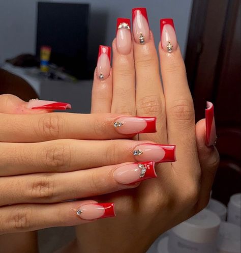 Ted French Tips, Red Nails With Gems, French Tip With Gems, Red Nails French Tip, Red Nails French, Nails French Tip Almond, French Tip Almond, Red French Tip, Nails French Tip