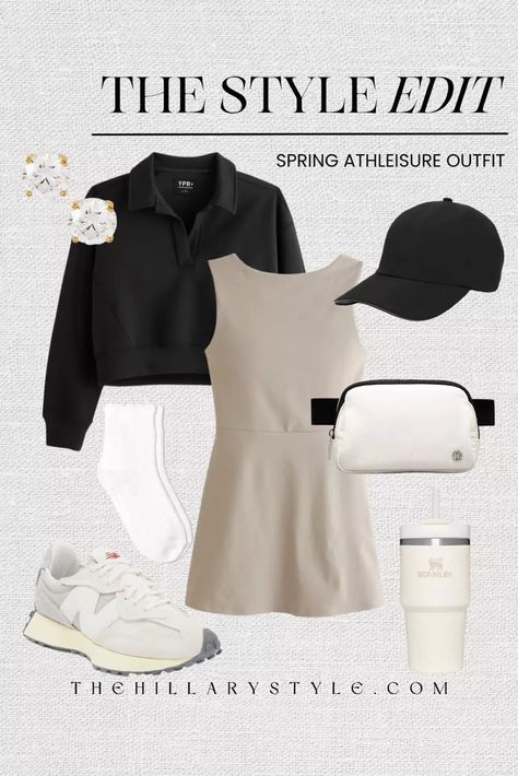 The Style Edit: Spring Athleisure Outfit. Athletic dress, travel dress, spring dress, summer dress, tennis dress, polo sweater, polo sweatshirt, sneakers, tennis shoes, ruffle socks, stud earrings, belt bag, running hat, baseball hat, water bottle. Spring outfit, summer outfit, athleisure outfit, athletic outfit, golf outfit, tennis outfit, pickleball outfit. Abercrombie, Nordstrom, New Balance, lululemon, Target, Stanley. Cute Summer Travel Outfits, Pickleball Outfit, Tennis Dress Outfit, Athleisure Outfits Spring, Outfit Golf, Outfit Athletic, Outfit Tennis, Spring Athleisure, Bb Style