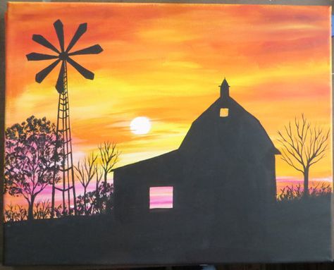 Windmill Silhouette, Two Paintings, Farm Paintings, Silhouette Canvas, Barn Painting, Chalk Painting, Silhouette Painting, Sunset Silhouette, Painting Canvases