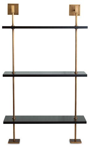 Marais Wall Shelving, Black/Brass $910.00 Brass Shelving, Brass Shelf, Brass Shelves, Gold Shelves, Bar Shelves, Modern Wall Shelf, Black Shelves, Standing Shelves, Modern Shelving