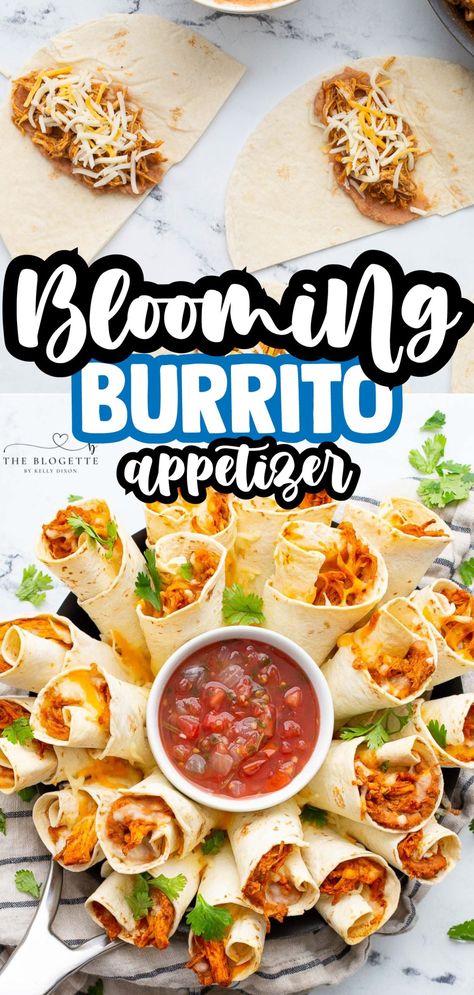 A Blooming Burrito Ring is a great appetizer for any occasion! Potato Skin Bites, Restaurant Appetizers, Best Appetizer, Sweet Appetizer, Taco Cups, Bean Burritos, Crowd Pleasing Appetizers, Delicious Appetizer Recipes, Best Appetizer Recipes