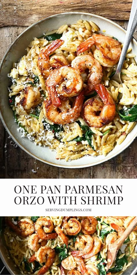 One Pan Parmesan Orzo with Shrimp Orzo Shrimp Asparagus, Fish With Orzo, Orzo Seafood Recipes, Seafood Orzo Recipes, Scallops And Orzo Recipe, Dash Diet Shrimp Recipes, Orzo Recipes Shrimp, Shrimp One Pan Recipes, Sides For Shrimp Dinner