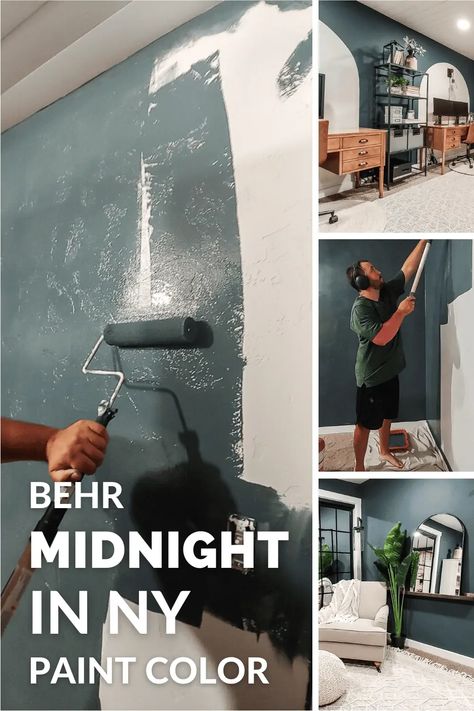 Behr Midnight in NY is a beautiful moody navy green that is the perfect shade for adding depth and drama to a room. Learn all about Behr Midnight in NY in this complete review. Deep Teal Behr, Midnight In New York Behr Paint, Behr Midnight Show, Behr Paint Colors Black Evergreen, Midnight In New York Behr, Mcm Paint Colors Behr, Midnight Show Behr, Behr Dark Teal Paint Colors, Behr Midnight In Ny