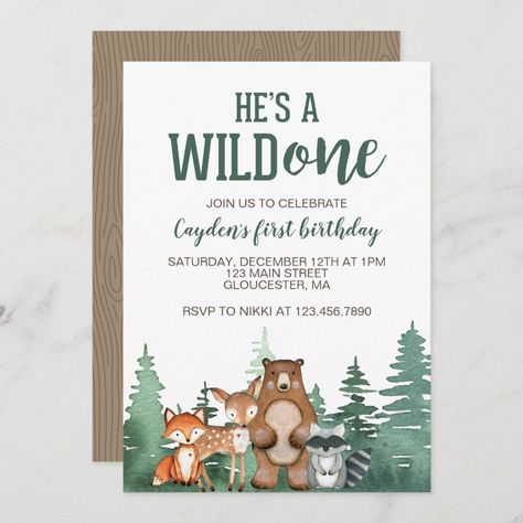 Wild One Woodland Animal First Birthday Invitation | #wildone #boy #firstbirthday #forrest #trees #woodlandanimals #bear #fox #deer #raccoon Wild One Birthday Party Boys Woodland, Animal First Birthday, 1st Birthday Boy Themes, Baby First Birthday Themes, Woodland Animal Birthday, Wild Birthday Party, Wild One Birthday Invitations, Boys First Birthday Party Ideas, Woodland Birthday Party