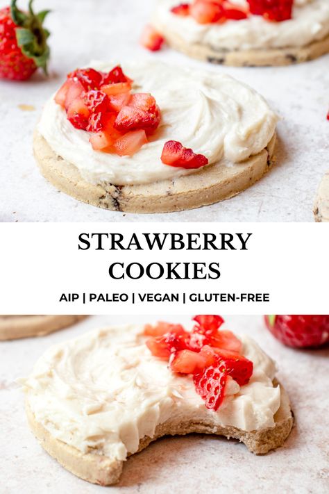 These gluten-free Strawberry Cookies are made with real strawberries and no food coloring! They’re crispy, perfectly sweet, and a delicious AIP/paleo and vegan strawberry dessert. #healmedelicious #strawberrycookies #strawberrysugarcookies #aip #paleo #aiprecipes #paleorecipes #aipdiet #autoimmunepaleo #aipprotocol #glutenfree #dairyfree #vegancookies #glutenfreecookies #summersugarcookies #summercookierecipes Vegan Strawberry Dessert, Strawberry Cookies Recipe, Cassava Recipes, Paleo Sugar Cookies, Aip Cookies, Summer Cookie Recipes, Autoimmune Diet Recipes, Aip Baking, Summer Sugar Cookies