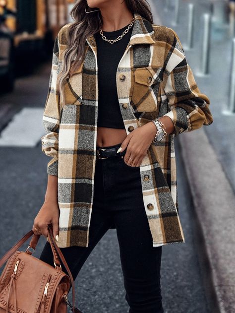 Multicolor Casual Collar manga larga Tela tricotada A cuadros Sobrecamisas Embellished No-Elástico  Ropa de Mujer Drop Shoulder Coat, Casual Vest, Wool Peacoat, Oversized Coat, Plaid Jacket, Inspiration Mode, White Plaid, Womens Plaid, Casual Jacket