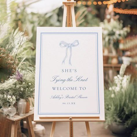 $60.10 | Blue Bow Tying The Knot Bridal Shower Welcome #she's tying the knot, elegant bridal shower, bridal shower welcome sign, tying the knot decorations, bow decorations, bridal shower welcome, coquette, ribbon, blue bridal shower, blue bow Bow Tying, Tropical Wedding Dresses, Coquette Ribbon, Tropical Wedding Decor, Bridal Shower Inspo, Blue Hydrangea Flowers, Wedding Themes Summer, Blue Bridal Shower, Bachelorette Party Planning