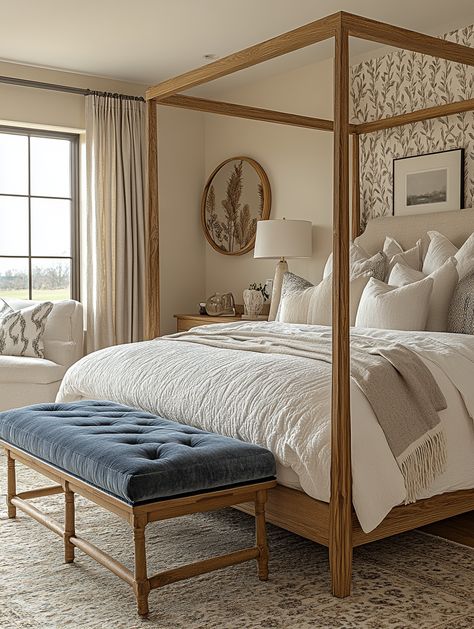 Transform your space with this serene home bedroom refresh. Featuring a cozy canopy bed, elegant décor and soft neutral tones. Create a tranquil haven with these style tips. ✨🏡 #HomeBedroomRefresh #InteriorDesign #BedroomDecor Canopy Bed Mcm, Cozy Canopy Bed, Tranquil Home, Serene Home, 4 Poster Beds, Calming Spaces, Primary Bedroom, Canopy Bed, Bedroom Refresh