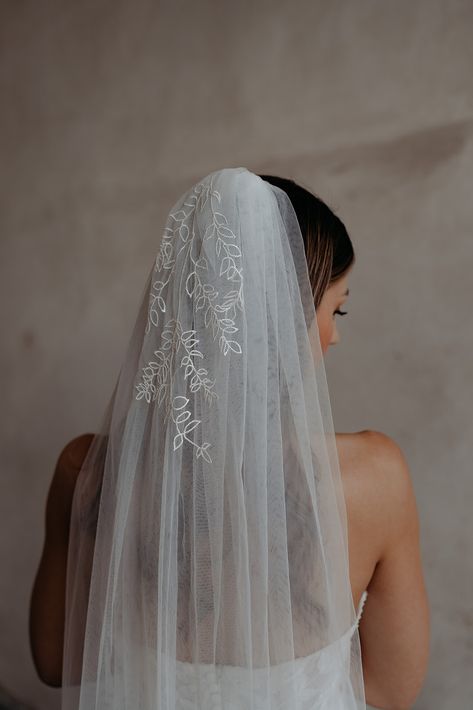 Statement Veil, Bleached Ruscus, Unique Veil, Embroidered Veil, Long Brunette Hair, Floral Veil, Cathedral Length Veil, Bride Veil, Leaf Patterns