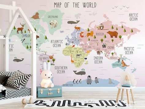 Map Nursery, Map Wall Mural, Maps For Kids, World Map Wallpaper, Murals For Kids, Animal Wall Decals, Nursery Theme, Map Wallpaper, Floral Drawing