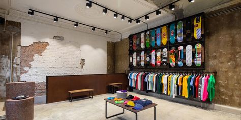 Described by the designer as "a meeting point for the community, to connect all the skaters." Skateboard Display, Wilson Brothers, Sweden House, Skate Store, Clothing Store Design, Skateboard Shop, Gosha Rubchinskiy, Retail Store Design, Workplace Design