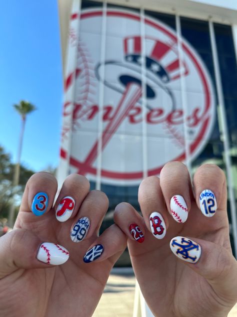 Phillies Baseball Nails, Mlb Nails, Baseball Mom Nails, Baseball Nails Almond, Astro Nails Baseball, Blue Baseball Nails, Baseball Nail Art Designs, Baseball French Tip Nails, Nails Baseball