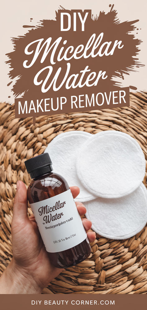 DIY Micellar Water Makeup Remover bottle with cotton pads on a woven surface How To Make Makeup Remover, Homemade Makeup Remover Wipes, Diy Makeup Remover Recipe, Natural Make Up Remover, Diy Makeup Remover Oil, Diy Makeup Remover Balm, Diy Micellar Water Recipe, Diy Natural Makeup Recipes, Mineral Oil Uses