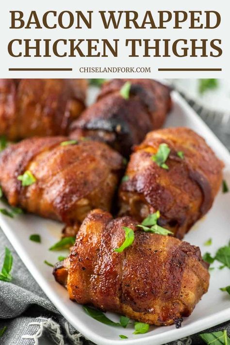 These bacon wrapped chicken thighs are seasoned with spices, stuffed with garlic butter and wrapped in bacon and baked until caramelized. #baconwrappedchickenthighs #baconwrappedchicken #weeknightdinner #chickenrecipe | chiselandfork.com Bacon Wrapped Chicken Thighs, Chicken Saltimbocca Recipe, Stuffed Chicken Thighs, Chicken With Prosciutto, Saltimbocca Recipe, Chicken Saltimbocca, Sage Recipes, Chicken Shawarma Recipe, Chicken And Bacon