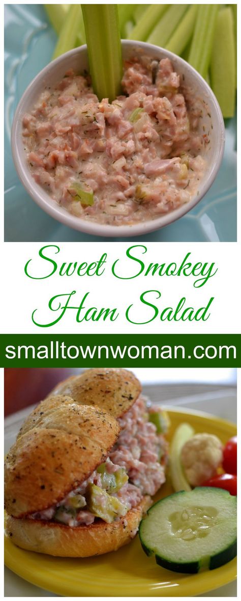 I am sure you have heard of chicken salad well this is its delectable twin sister Sweet Smokey Ham Salad.  It is a similar concept with a totally different taste. Easy Ham Salad, Pork Loin Pulled Pork, Smoked Ham Recipe, Sandwich Spreads, Ham Salad Recipes, Ham Sliders, Vegetable Salads, Small Town Woman, Chopped Ham