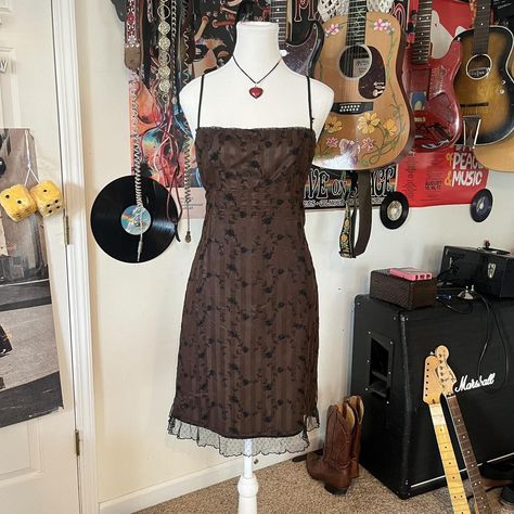 90s vtg whimsigoth brown mini dress with black... - Depop Brown Mini Dress, Nanette Lepore, Lace Overlay, Black Floral, Floral Lace, Made In Usa, Mini Dress, Zipper, Lace