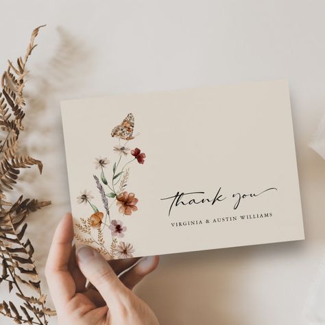 Boho Floral Wedding Thank You Card. Cricut Wedding Thank You Cards, Elegant Thank You Cards, Thank You Card Wedding, Boho Wedding Card, Boho Floral Wedding, Invite Ideas, Watercolor Wildflowers, Photo Thank You Cards, Thank You Note Cards