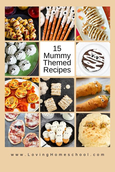 These 15 Mummy Themed Recipes will be great fun for a Halloween party, an Egyptian Themed Birthday or party of any kind! Mummy Theme Party, Mummy Dessert, Mummy Party, Mummy Cookies, Easy Halloween Party Food, Theme Snack, Themed Recipes, Halloween Breakfast, Easy Halloween Food