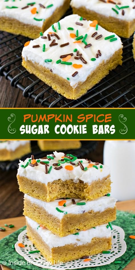 Pumpkin Spice Sugar Cookies Recipe, Halloween Dessert Bars, Fall Dessert Bar, Easy Pumpkin Bars, Pumpkin Spice Desserts, Pumpkin Spice Sugar Cookies, Pumpkin Sugar Cookies, Pumpkin Cookie Recipe, Pumpkin Eater