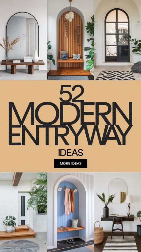 Looking to upgrade your entryway? Check out these 52 modern entryway ideas that blend style and function perfectly! From sleek benches and arched mirrors to statement lighting and chic wall decor, these designs will transform your home's entrance into a welcoming and stylish space. Whether you love minimalist, contemporary, or rustic touches, there's something here for every home. Explore creative ways to make a lasting first impression! #ModernEntryway #EntrywayDecor #HomeDecor #InteriorDesign #EntrywayIdeas #ModernHome #StylishEntrance #InteriorInspo Modern Long Entryway Ideas, Entryway Mirror And Bench Ideas, Entryway Ideas With Long Mirror, Foyer Design Modern Entrance Apartment, Front Foyer Decor, Large Entry Way Ideas Modern, Entryway With Large Mirror, Entryway With Chairs, Drop Zone Ideas Entryway Modern