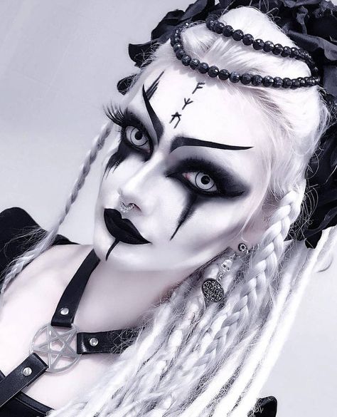 Gothic Suspiria on Instagram: “@gothicsuspiria Model: @victorialovelace ♡ #goth #gothgoth #gothgirl #gothstyle #gothmodel #grunge #gothmakeup #alternativefashion…” White Contact Lenses Make Up, Female Halloween Makeup Ideas, Halloween Makeup With White Contacts, Halloween Makeup With Contacts, White And Black Eye Makeup, Dark Elf Costume Makeup, Sorceress Makeup Halloween, White Lenses Makeup, White Contacts Makeup