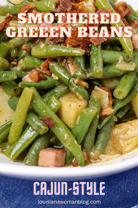 These Smothered Green Beans: Cajun-Style are a classic example of true southern Louisiana cooking. This side dish of green beans and potatoes are smothered in onions with ham and bacon. The small roux makes a sauce that covers the vegetables with a glaze then it's seasoned to perfection. Smothered Green Beans With Potatoes, Smothered Green Beans And Potatoes, Smothered Green Beans Recipe, Southern Green Beans And Potatoes, Green Beans With Onions, Green Beans And Ham, Green Beans With Potatoes, Cajun Recipes Louisiana, Ham And Green Beans