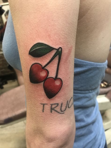 Cherry hearts traditional tattoo Traditional Gap Filler, Traditional Gap Filler Tattoo, Heart Cherry Tattoo, Tattoo Gap Fillers, Traditional Tattoo Gap Fillers, Filler Tattoo Designs, Traditional Tattoo Filler, Filler Tattoo Ideas, Gap Filler Tattoo