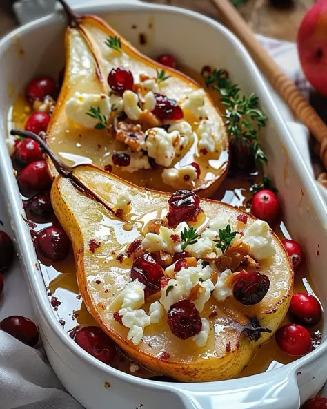 Baked Pears with Feta, Honey, and Cranberries Recipe - optimal recipes Honey Feta, Feta Honey, Pear Recipes Easy, Fancy Foods, Pear Dessert, Desserts Bars, Roasted Pear, Baked Pears, Creamy Feta