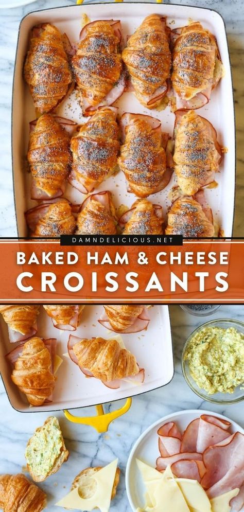 Poolside Brunch Ideas, Birthday Lunch Ideas For Adults, Baked Ham And Cheese Croissants, Ham And Cheese Croissant Bake, Mini Croissant Sandwiches, Brunch Tailgate, Fall Brunch Ideas, Midday Snacks, Ham And Cheese Croissants