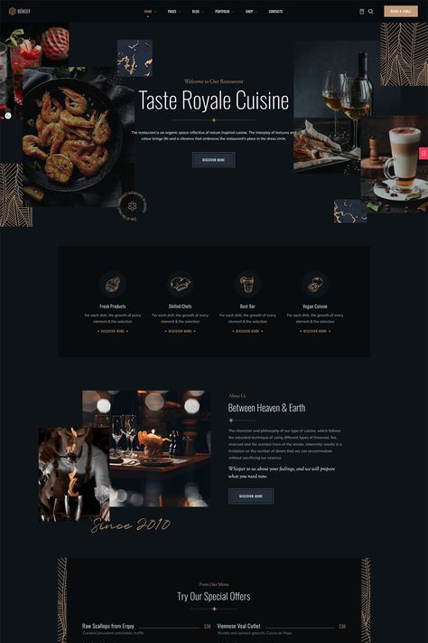 The "Benoit - Restaurants & Cafés WordPress Theme" is a WordPress theme designed specifically for restaurants, cafes, bistros, bars, and other food-related businesses. It offers a range of features and functionalities to create a visually appealing and user-friendly website for showcasing your food and beverage offerings. Chef Website Design, Restaurant Website Design Inspiration, Restaurant Web Design, Food Website Design, Bar Website, Restaurant Website Design, Event Planning Website, Pasta Restaurants, Restaurant Website Templates