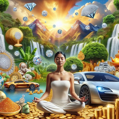 Unearth your potential with this AI-generated image of wealth manifestation. A tranquil meditator amidst opulence - luxurious cars, gold coins, and diamond jewels... all set against a verdant backdrop of nature's abundance. #WealthManifestation #LawOfAttraction #AbundanceMindset #Prosperity #PersonalGrowth #LuxuryLifestyle. Learn more about wealth manifestations at the link. Affirmation Songs, Wealth Visualization, Spiritual Background, Star Seed, Wealth Manifestation, Avatar Films, Everything Is Energy, Luxurious Cars, Manifesting Wealth