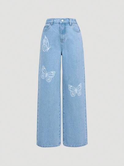 Tween Girl Butterfly Print Wide Leg Jeans | SHEIN USA Wide Leg Straight Jeans, Shein Kids Girls Outfits, Nirvana Style, Nirvana Fashion, Preppy Jeans, Jeans Butterfly, Elsa Outfit, Jeans Preppy, Trending Jeans