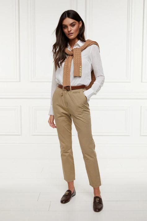 Holland Cooper | Arnesby Stone Chino | Autumn • Winter Fashion Stone Chinos, Tweed Outfit, Peg Trousers, Holland Cooper, Black Harem Pants, Rain Collection, Womens Chinos, Velvet Flares, High Waisted Flare Jeans