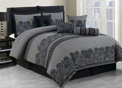 10 Piece Queen Miya Black and Gray Comforter Set Grey Comforter, Grey Comforter Sets, Blue Comforter Sets, Bedding Sets Grey, Cal King Bedding, King Comforter Sets, Bed In A Bag, Queen Comforter Sets, Queen Bedding Sets