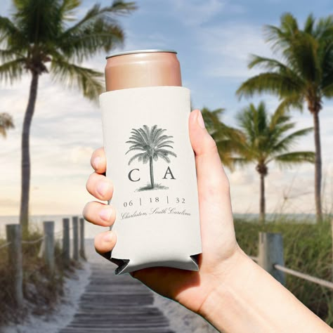 Vintage beach style wedding can cooler features an etched palm tree illustration with your initials alongside. Personalize with your wedding date and location beneath for a perfect wedding favor or addition to your destination wedding welcome bags. Destination Wedding Guest Gifts, Wedding Favors Tropical Theme, Tropical Wedding Welcome Bags, Beach Wedding Koozies, Beach Wedding Koozie Ideas, Beach Wedding Bridal Party, Beach Destination Wedding Gift Bags, Mexico Boho, Destination Wedding Koozies