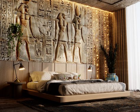 Pharonic Modern Design, Modern Egyptian Interior Design, Modern Pharaonic Interior Design, Pharaonic Style In Interior Design, Ancient Egyptian Bedroom, Egyptian Bedroom Ideas Ancient Egypt, Astronaut Wallpaper, Egyptian Style, Ancient Egyptian