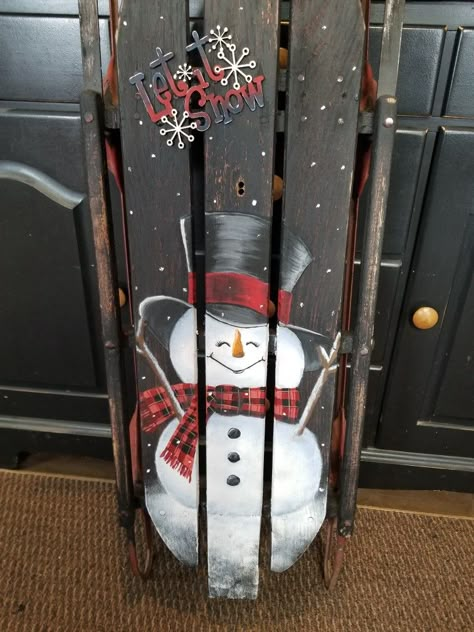 Painted snowman sled Painted Sleighs For Christmas, Christmas Sled Decor, Painted Sleds Ideas, Christmas Sled Painting Ideas, Painted Sleds For Christmas, Painted Snowman On Wood, Painted Sleds, Sled Painting Ideas, Snowman Sled Painting