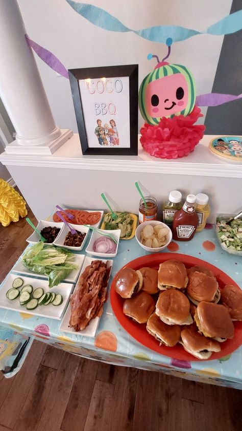 Bbq Food Table, Cocomelon Party Food, Party Food Table, Heinz Ketchup, Mermaid Theme Birthday Party, Burger Toppings, Bbq Food, Mermaid Theme Birthday, One In A Melon