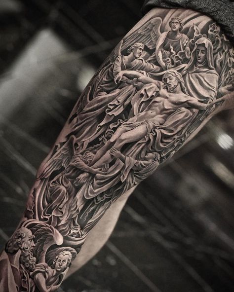 Tattoo artist Jun Cha, black&grey realistic tattoo, engraving | USA Art Tattoo Sleeve, Jun Cha Tattoo, Religious Tattoo Sleeves, Angel Sleeve Tattoo, Hyper Realistic Tattoo, Christ Tattoo, Realistic Tattoo Sleeve, Men Tattoos Arm Sleeve, Religious Tattoo