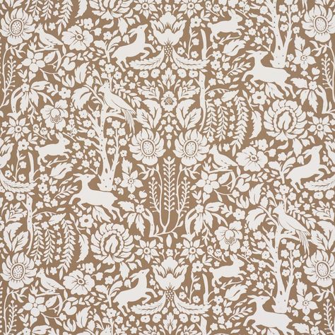 Deerfield - Mocha Wallpapers | Schumacher Mocha Wallpaper, French Country Wallpaper, House Of Hackney Wallpaper, Whimsical Wallpaper, Wallpaper Crafts, Painting Antique Furniture, Woodland Critters, Bath Pillows, Hospitality Projects