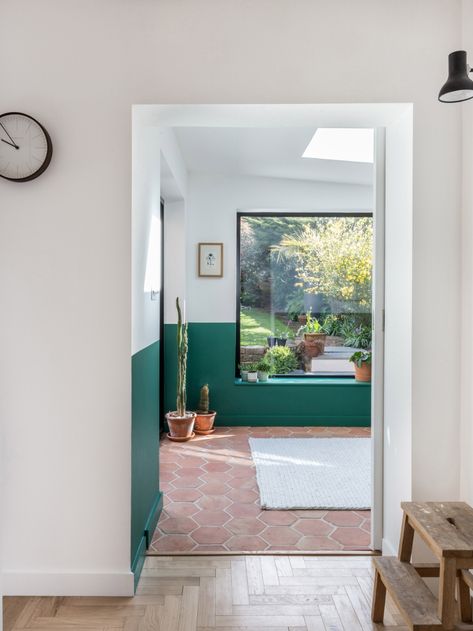 Intervention Architecture, Half Painted Wall, Birmingham House, Botanical House, Limestone Patio, Half Painted Walls, Black Window Frames, Window Reveal, Timber Battens