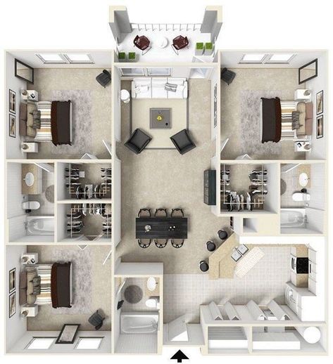 A on Twitter: "Floor plan design for medium houses… " Apartment Layout 3 Bedroom, Apartment Layout 3bedroom, Three Bedroom Apartment Floor Plans, 3 Bedroom Apartment Floor Plan, Bloxburg Restaurant, Reka Bentuk Dalaman, Three Bedroom House Plan, 3d House Plans, Apartment Floor Plan