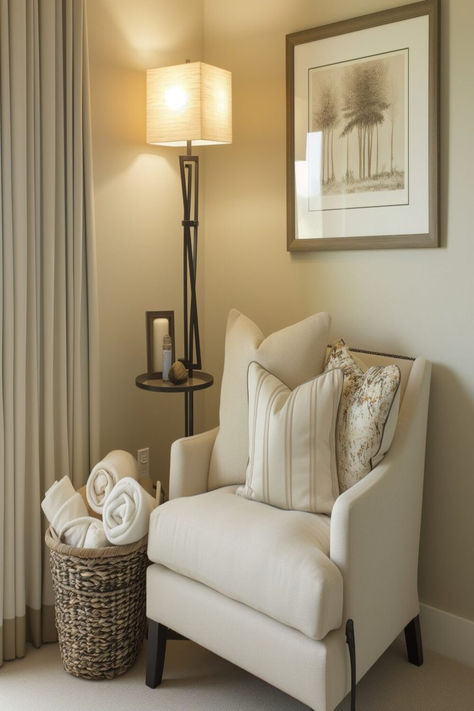 Inviting corner of a guest bedroom with an armchair and standing lamp. Guest Bedroom Reading Corner, Caddy Corner Master Bed, Guest Lecture Poster Design, How To Get A Guest Room Ready, Guest Bedroom Welcome, Guest Bedroom Ideas, Plush Chair, Versatile Furniture, Open The Door