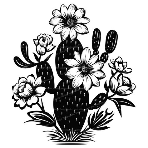 Western Clipart Black And White, Western Png Designs, Cactus With Flowers, Western Clipart, Cactus Svg, Western Svg, Background Print, Flowers Svg, Vector Silhouette