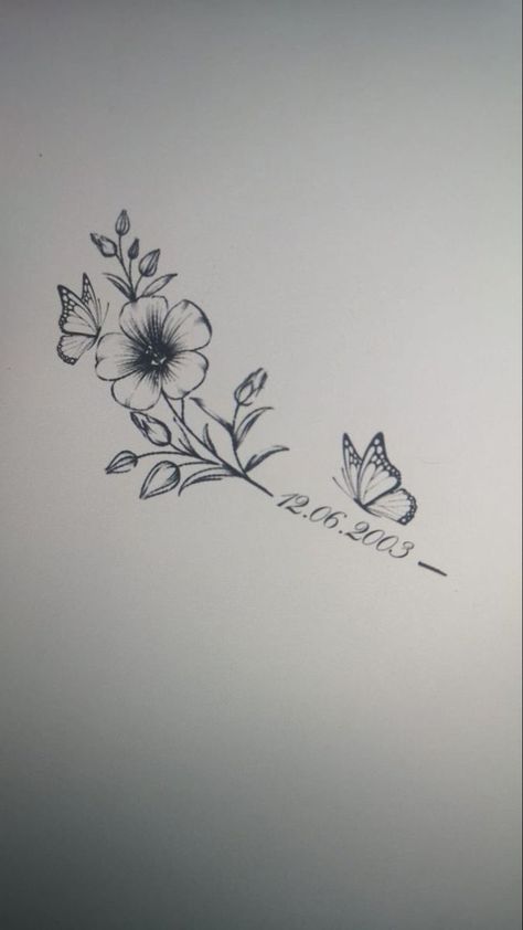 Flower Butterfly Name Tattoo, Rose Tattoo For Daughter, Flower Drawing Tattoo Design, Tattoo On Wrist For Women Unique, Collar Bone Tattoo Memorial, Name In Flowers Tattoo, Butterfly Tattoo Date In Middle, I Am Because You Were Tattoo With Flower, Small Butterfly On Flower Tattoo